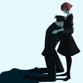 1boy 1girl absurdres ascot black_dress black_hair black_pants black_pantyhose black_shirt black_shoes blue_background closed_mouth dress highres hug long_sleeves pants pantyhose r_dorothy_wayneright red_hair rico_(maikubakaa) roger_smith shirt shoes short_hair the_big_o white_ascot