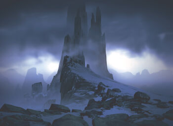 absurdres cliff cloud cloudy_sky cold commentary english_commentary fog highres landscape lorenzo_lanfranconi mountain mountainous_horizon no_humans original painterly rock scenery sky snow