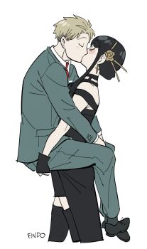 1boy 1girl artist_name black_boots black_dress black_hair black_shoes blonde_hair blush boots closed_eyes collared_shirt couple dress earrings findoworld flower formal_clothes gold_earrings gold_hairband green_jacket green_pants green_suit hair_flower hair_ornament hair_stick hairband hetero high-low_dress highres husband_and_wife jacket jewelry long_hair necktie pants red_necktie shirt shoes short_hair sidelocks spy_x_family suit suit_jacket thigh_boots twilight_(spy_x_family) updo upper_body white_background white_shirt yor_briar