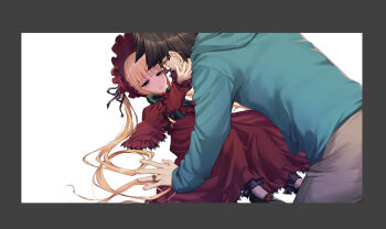 1boy 1girl all_fours black_hair black_shoes blonde_hair blue_eyes blue_hoodie blunt_bangs bonnet bow bowtie boy_on_top commentary_request dress dutch_angle frilled_dress frilled_sleeves frills from_above full_body glasses green_bow green_bowtie hair_spread_out half-closed_eyes hand_up hetero highres hood hood_down hoodie light_blush lolita_fashion long_dress long_hair long_ribbon long_sleeves looking_at_another lying making-of marutenmaruten on_back parted_lips red_bonnet red_dress red_ribbon ribbon rozen_maiden sakurada_jun shinku shoes short_hair simple_background smile spiked_hair twintails very_long_hair white_background