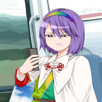 1girl black_eyes cape cellphone colored_eyelashes commentary_request disgust hairband holding holding_phone multicolored_clothes multicolored_hairband patchwork_clothes phone purple_hair rainbow_gradient short_hair sky_print smartphone solo tenkyuu_chimata touhou yazato_ichimushi