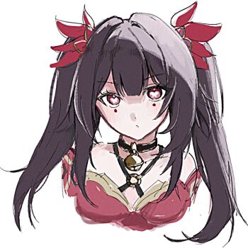 Rule 34 | 1girl, bare shoulders, bell, black choker, breasts, brown hair, butterfly-shaped pupils, choker, closed mouth, collarbone, commentary request, detached sleeves, dress, flower, hair between eyes, hair flower, hair ornament, highres, honkai: star rail, honkai (series), i ruka82, long hair, looking at viewer, medium breasts, mole, mole under each eye, mole under eye, multiple moles, neck bell, o-ring, red dress, red eyes, red flower, red sleeves, short sleeves, sidelocks, simple background, sleeveless, sleeveless dress, solo, sparkle (honkai: star rail), symbol-shaped pupils, twintails, upper body, white background