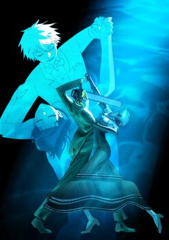 1boy 1girl absurdres alternate_form blue_theme bomb_devil_(chainsaw_man) chainsaw chainsaw_man closed_eyes dancing denji_(chainsaw_man) dress high_heels highres holding_hands kyle_nguyen object_head pants reze_(chainsaw_man) shirt smile