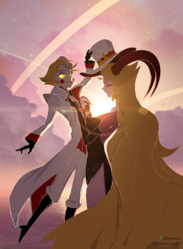 Rule 34 | 1boy, 1girl, absurdres, artist name, black boots, black gloves, blonde hair, blush stickers, boots, cloud, colored sclera, colored skin, day, demon horns, gloves, grimmie02, hat, hazbin hotel, hellaverse, hetero, high heels, highres, horns, jacket, lilith (hazbin hotel), long hair, looking at another, lucifer morningstar (hazbin hotel), open clothes, open jacket, outdoors, pants, short hair, top hat, very long hair, white hat, white jacket, white pants, white skin, yellow sclera