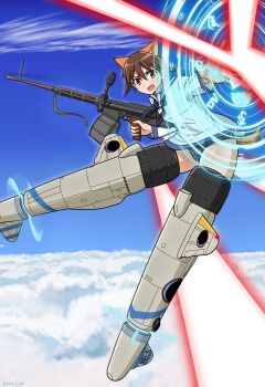 1girl animal_ears blue_one-piece_swimsuit blue_sailor_collar blue_sky brown_eyes brown_hair cloud cloudy_sky dog_ears dog_girl dog_tail flying highres laser miyafuji_yoshika one-piece_swimsuit open_mouth panbung-kun sailor_collar school_uniform shield sky solo strike_witches striker_unit swimsuit tail type_99_cannon weapon world_witches_series