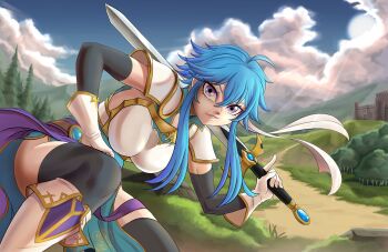 1girl absurdres ahoge anander0 armor belt blue_hair blue_sky blue_tunic boots breastplate breasts brooch castle cloud commission commissioner_upload day elbow_gloves gloves grass headband highres holding holding_sword holding_weapon horizon if_they_mated jewelry kneeling looking_at_viewer medium_breasts mountain original outdoors over_shoulder popped_collar purple_eyes sash selia selia_(mrtalkingdino) short_hair shoulder_armor sidelocks sky sleeveless smile solo sun sword sword_over_shoulder thighhighs thighs tomboy tree tunic weapon weapon_over_shoulder white_headband