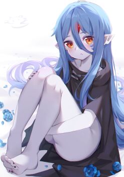 1girl :&lt; absurdly_long_hair absurdres barefoot black_cloak black_nails blue_flower blue_hair blue_rose blush brown_eyes cloak closed_mouth colored_skin commentary dungeon_ni_deai_wo_motomeru_no_wa_machigatteiru_darou_ka flower forehead_jewel glowing grey_skin hair_between_eyes highres hood hood_down hooded_cloak knees_up long_hair nahaki nail_polish pointy_ears rose solo toenail_polish toenails very_long_hair white_background wiene_(danmachi) xenos_(danmachi)