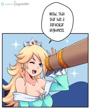 1girl blonde_hair blue_dress blue_eyes breasts brooch chair cleavage collarbone crown dress earrings hair_over_one_eye hill jewelry large_breasts long_hair long_sleeves looking_through_scope mario_(series) night night_sky nintendo off-shoulder_dress off_shoulder one_eye_closed open_mouth princess rosalina sitting sky smile speech_bubble star_(sky) star_(symbol) star_brooch star_earrings starry_sky sugarbell super_mario_galaxy teeth telescope upper_body