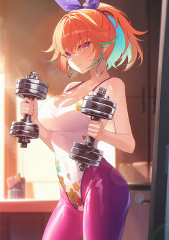 1girl absurdres breasts chinese_commentary commentary cowboy_shot dumbbell highres holding holding_dumbbell hololive hololive_english jiang_ye_kiri large_breasts leotard looking_at_viewer official_alternate_costume orange_hair pantyhose purple_eyes solo takanashi_kiara takanashi_kiara_(fever_night) virtual_youtuber white_leotard wide_ponytail