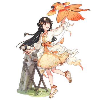 1girl animal_request ankle_ribbon bird black_hair bow braid brown_eyes champagne_flute clothing_request collarbone colored_shoe_soles cup dress drinking_glass eurasian_tree_sparrow flower folding_table food french_braid full_body girls'_frontline grass hair_flower hair_ornament hairband holding holding_kite imoko_(imonatsuki) kite leg_ribbon long_hair long_sleeves looking_up no_socks official_alternate_costume official_art open_mouth orange_bow orange_dress orange_hairband orange_ribbon qbu-88_(explorer_of_the_wild)_(girls'_frontline) qbu-88_(girls'_frontline) ribbon shoes simple_background sleeveless sleeveless_dress solo sparrow standing standing_on_one_leg table teeth tiered_tray transparent_background upper_teeth_only waist_bow weapon_case yellow_shoes