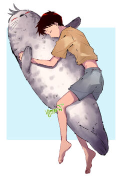 Rule 34 | 1boy, absurdres, animal, animal hug, barefoot, boxers, closed eyes, closed mouth, commentary, feet, full body, grey male underwear, highres, ikari shinji, male focus, male underwear, neon genesis evangelion, seal (animal), shirt, signature, sleeping, untranslatable commentary, toes, underwear, yellow shirt, yorumi1117