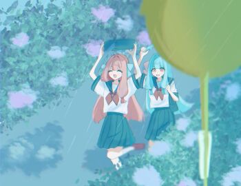 2girls alternate_costume bad_id bad_twitter_id bag bag_on_head black_sailor_collar black_skirt blue_hair blue_ribbon blurry blurry_foreground blush closed_eyes day flower frown hair_ribbon highres holding holding_bag hydrangea inactive_account kneehighs kotonoha_akane kotonoha_aoi long_hair low-tied_sidelocks matching_outfits mu_(fyt8ozu7rxqyoy4) multiple_girls neckerchief outdoors path pink_eyes pink_hair pink_ribbon pleated_skirt puddle rain red_footwear red_neckerchief ribbon road road_sign running sailor_collar school_bag school_uniform serafuku shirt shoes short_sleeves shoulder_bag siblings sidelocks sign sisters skirt smile socks voiceroid white_shirt white_socks