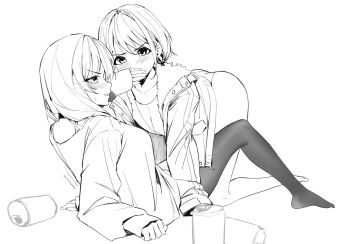 2girls blush can collarbone commentary_request covering_another's_mouth drunk far_side girls_band_cry greyscale highres iseri_nina jacket kawaragi_momoka long_hair long_sleeves looking_at_another monochrome multiple_girls open_clothes open_jacket open_mouth panties pantyhose shirt short_hair simple_background sleeves_past_wrists sweatdrop underwear white_background yuri