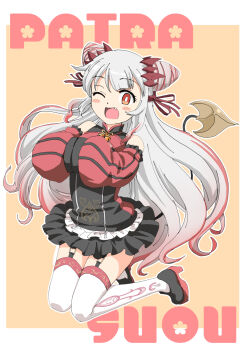 1girl :d ;d bare_shoulders bell black_dress black_garter_straps black_shoes black_skirt blush blush_stickers bright_pupils character_name china_dress chinese_clothes colored_shoe_soles commentary_request cone_hair_bun demon_girl demon_horns demon_tail detached_sleeves double_bun dress fang fangs full_body garter_straps gradient_hair grey_hair hair_bun hands_in_opposite_sleeves haniwa_(leaf_garden) headgear high_heels highres horns jumping looking_at_viewer mandarin_collar multicolored_hair nanashi_inc. neck_bell official_alternate_costume one_eye_closed open_mouth orange_background orange_eyes outline pink_hair pink_streaks platform_heels pointy_ears red_horns red_sleeves shoes short_dress side_up_bun skirt skirt_under_dress sleeves_past_wrists smile solo streaked_hair suou_patra suou_patra_(2nd_costume) tail thighhighs virtual_youtuber white_outline white_pupils white_thighhighs zettai_ryouiki