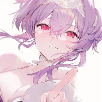 1girl artist_request choker goddess_of_victory:_nikke highres liberalio_(nikke) looking_at_viewer non-web_source official_art pink_eyes pointing pointing_at_viewer purple_hair simple_background smile solo upper_body white_background white_choker