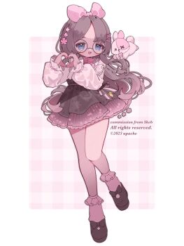 1girl :d artist_name blue_eyes blush bow bowtie brown_bow brown_hair brown_shoes brown_skirt character_request commentary commission footwear_bow frilled_sleeves frilled_socks frills full_body glasses hair_ornament hair_ribbon heart heart_hands highres indie_virtual_youtuber long_hair long_sleeves looking_at_viewer open_mouth parted_bangs pink_bow pink_bowtie pink_ribbon pink_socks rabbit ribbon round_eyewear shirt shoes skeb_commission skirt smile socks solo standing standing_on_one_leg upa_papa_co virtual_youtuber watermark white_shirt x_hair_ornament