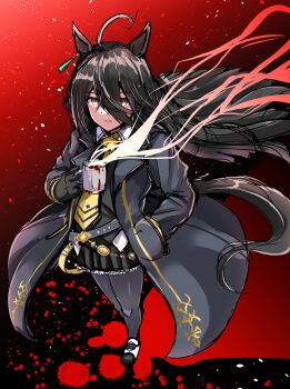 Rule 34 | 1girl, ahoge, animal ears, black coat, black gloves, black hair, black pantyhose, black shirt, black skirt, closed mouth, coat, coffee mug, collared shirt, commentary request, cup, ear tag, earrings, gloves, hair between eyes, hand in pocket, highres, holding, holding cup, horse ears, horse girl, horse tail, jewelry, kentan (kingtaiki), long bangs, long hair, long hair between eyes, long sleeves, looking at viewer, manhattan cafe (creeping shadow) (umamusume), manhattan cafe (umamusume), mug, multicolored hair, necktie, pantyhose, shirt, single earring, skirt, solo, steaming cup, tail, umamusume, white hair, yellow eyes, yellow necktie