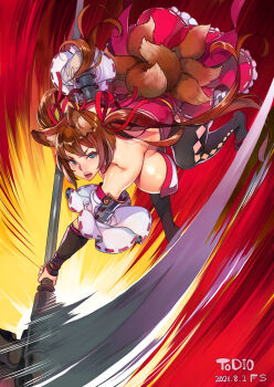 1girl absurdres action_lines action_pose animal_ears bare_back bare_shoulders blue_eyes breasts brown_hair caleen_keemosn commission detached_sleeves f.s. female_focus fox_ears fox_girl fox_tail hair_ribbon highres impossible_clothes japanese_clothes large_breasts long_hair looking_at_viewer miko motion_lines multiple_tails open_mouth ribbon runes scythe signature star_ocean star_ocean:_anamnesis tail thick_thighs thighhighs thighs twintails very_long_hair wide_hips