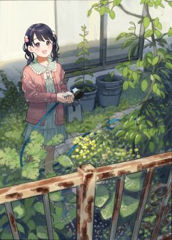 Rule 34 | 1 kozin, 1girl, absurdres, balcony, black hair, blurry, blush, cardigan, commentary request, depth of field, dress, frilled dress, frills, fukumaru koito, green dress, highres, holding sprayer, hose, idolmaster, idolmaster shiny colors, looking at viewer, pink cardigan, plant, pom pom (clothes), potted plant, railing, rust, smile, solo, sprayer, twintails
