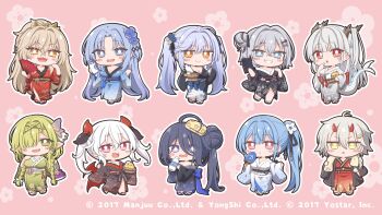 6+girls :&gt; :d alsace_(azur_lane) azur_lane black_hair black_kimono blue_flower blue_hair blue_kimono bottle braid butterfly_hair_ornament chibi chibi_only crossed_bangs de_zeven_provincien_(azur_lane) dragon_girl dragon_horns dragon_tail essex_(azur_lane) flower green_eyes green_hair green_kimono grin hair_bun hair_flower hair_on_horn hair_ornament hair_over_one_eye hairclip high_ponytail highres horns jade_(azur_lane) japanese_clothes kimono kinu_(azur_lane) le_hardi_(azur_lane) lion_(azur_lane) long_hair manjuu_(azur_lane) medium_hair merchandise_available milk_bottle multiple_girls nejikirio official_art oni open_mouth parted_bangs ponytail red_kimono sandals shimanto_(azur_lane) short_hair smile tail twintails vampire_(azur_lane) very_long_hair voroshilov_(azur_lane) white_hair white_kimono yellow_eyes