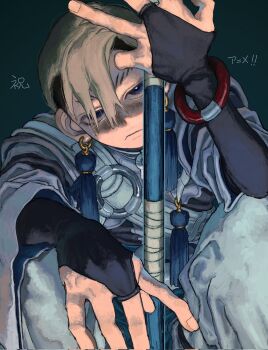 Rule 34 | 1boy, black hair, blue background, blue eyes, bridal gauntlets, brown hair, commentary request, cslqp5pqvy11536, gachiakuta, gloves, hair between eyes, highres, holding, holding polearm, holding weapon, looking at viewer, male focus, multicolored hair, pants, polearm, sasumata, solo, tassel, translation request, weapon, zanka nijiku