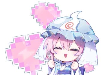 1girl ^_^ blue_dress blue_hat blue_sash closed_eyes commentary dress fork hat heart highres holding holding_fork holding_knife knife mob_cap obi open_mouth pink_hair pixel_art saigyouji_yuyuko sash sia_6767 simple_background solo symbol-only_commentary touhou white_background