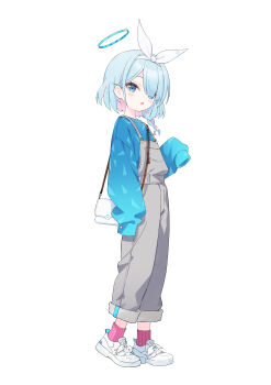 Rule 34 | 1girl, absurdres, arona (blue archive), blue archive, blue eyes, blue hair, blue shirt, braid, commentary, full body, hair over one eye, halo, highres, lisu, long sleeves, looking at viewer, multicolored hair, overalls, pink hair, shirt, shoes, simple background, sneakers, solo, white background