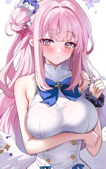 1girl absurdres arm_under_breasts bare_arms blue_archive blue_bow blue_bowtie blush bow bowtie bra bra_strap bra_visible_through_clothes bralines breasts dress feathered_wings flying_sweatdrops hair_bun hair_intakes hair_ornament heart heart_in_eye highres long_hair looking_at_viewer low_wings mika_(blue_archive) pink_hair sak_(lemondisk) simple_background single_hair_bun single_side_bun solo strap_pull sweat symbol_in_eye underwear upper_body white_background white_dress white_wings wings yellow_eyes