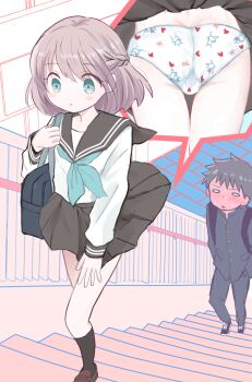 1boy 1girl accidental_exposure animal_print bad_id bad_pixiv_id bag black_bag black_skirt black_socks blue_eyes blue_neckerchief blue_sailor_collar blush bow_print bow_print_panties brown_hair commentary_request commission full-face_blush heart heart_panties heart_print loafers looking_at_viewer medium_hair miniskirt neckerchief original panties pantyshot parted_lips pixiv_commission pleated_skirt print_panties rabbit_panties rabbit_print ribbon_print ribbon_print_panties sailor_collar sarada_(meaf3748) school_bag school_uniform serafuku shirt shoes shoulder_bag skirt socks stairs underwear white_panties white_shirt wind wind_lift