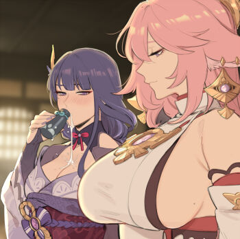 2girls animal_ears bare_shoulders blurry blurry_background blush bottle breast_envy breasts cleavage closed_mouth detached_sleeves drinking earrings genshin_impact hair_ornament half-closed_eyes highres holding holding_bottle japanese_clothes jewelry kimono large_breasts long_hair looking_at_breasts maiqo meme mole mole_on_breast mole_under_eye multiple_girls obi pink_hair purple_eyes purple_hair purple_kimono raiden_shogun sash sideboob smile spilling yae_miko