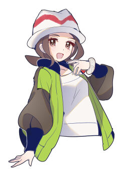 1girl absurdres blush breasts brown_eyes brown_hair collarbone cropped_torso green_jacket harmony_(pokemon) hat highres holding holding_poke_ball jacket long_sleeves looking_at_viewer mega_ring nintendo open_clothes open_jacket open_mouth poke_ball poke_ball_(basic) pokemon pokemon_legends:_z-a shirt shocho_(shaojiujiu) short_hair smile striped_hat white_hat white_shirt