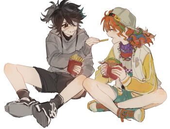 1boy 1girl :3 backwards_hat baseball_cap black_eyes black_shorts black_socks blue_streaks brown_hair burger closed_eyes denim denim_shorts eyepatch fang feeding food french_fries gaozhouyong green_streaks grey_hoodie hat highres holding holding_burger holding_food hood hoodie identity_v jacket letterman_jacket lily_barriere lily_barriere_(oph.lily) low_twintails luca_balsa luca_balsa_(oph.luca) multicolored_jacket official_alternate_costume ponytail shoes shorts skin_fang sleeves_past_wrists sneakers socks twintails two-tone_jacket wavy_hair white_jacket yellow_jacket