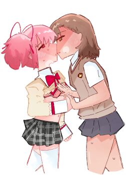 2girls artiction blush brown_eyes brown_hair crossover from_side kaname_madoka mahou_shoujo_madoka_magica misaka_mikoto multiple_girls pink_eyes pink_hair school_uniform short_hair simple_background steam sweat thighs toaru_kagaku_no_railgun toaru_majutsu_no_index white_background yuri