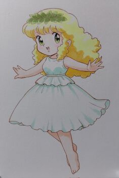 1girl bare_arms barefoot blonde_hair commentary_request dress full_body green_eyes head_wreath highres mizutani_kenta ochamegami_monogatari_korokoro_pollon open_mouth pollon sidelocks simple_background sleeveless sleeveless_dress smile solo teeth traditional_media upper_body upper_teeth_only white_background white_dress