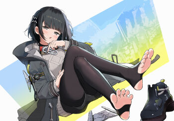 1girl arknights arknights:_endfield black_coat black_eyes black_hair black_pantyhose black_shorts chinese_commentary coat commentary_request endministrator_(arknights) feet female_endministrator_(arknights) highres hood hooded_coat long_sleeves looking_at_viewer mask no_mask open_clothes open_coat pantyhose partial_commentary qiufengxiaose ribbed_sweater shoes short_hair shorts sitting solo stirrup_legwear sweater toeless_legwear turtleneck turtleneck_sweater unworn_mask unworn_shoes white_sweater
