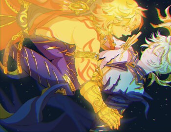 Rule 34 | 2boys, arm tattoo, armlet, back tattoo, black coat, blonde hair, braid, cape, closed eyes, coat, commentary, cracked skin, english commentary, facial tattoo, gradient hair, highres, honkai: star rail, honkai (series), jewelry, louscribbles, male focus, material growth, medium hair, multicolored hair, multiple boys, mydei (honkai: star rail), open clothes, open coat, phainon (honkai: star rail), phainon (khaslana) (honkai: star rail), red cape, red hair, red tattoo, short hair, side braid, side cape, tattoo, yaoi, yellow blood, yellow eyes