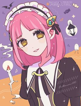 1girl arched_bangs bat_(animal) black_dress brown_eyes candle candle_wax candy dress food ghost hair_ornament hairclip halloween highres juliet_sleeves lacey_(fall_2025)_(pokemon) lacey_(pokemon) long_sleeves looking_at_viewer maid_headdress nintendo official_alternate_costume parted_lips pink_hair pokemon pokemon_masters_ex puffy_sleeves shinogo_no smile solo