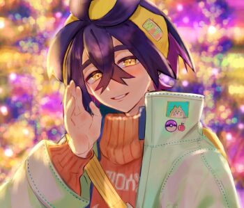 1boy alternate_costume black_hair blurry blurry_background blush colored_inner_hair commentary crossed_bangs grin hair_between_eyes hairband hand_up high_collar kieran_(pokemon) long_sleeves looking_at_viewer male_focus mofumofuyarou multicolored_hair nintendo orange_sweater pokemon pokemon_sv smile solo sweater symbol-only_commentary teeth upper_body yellow_eyes yellow_hairband