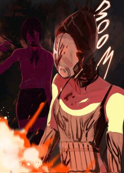 1girl apron black_apron black_gloves black_shorts blood blood_from_mouth bomb_devil_(chainsaw_man) chainsaw_man dynamite elbow_gloves explosive gloves highres krysa neck_ribbon object_head reze_(chainsaw_man) ribbon shirt shorts sleeveless sleeveless_shirt