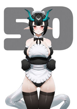 1girl absurdres alternate_costume alternate_hairstyle apron arknights bare_shoulders black_bow black_bowtie black_gloves black_hair black_panties black_thighhighs blush bow bowtie breasts closed_mouth commentary detached_collar dragon_girl dragon_horns dragon_tail dusk_(arknights) elbow_gloves ghosty_(xiaobai) gloves hair_bow highres horns large_breasts maid maid_apron maid_headdress panties short_hair sideboob solo tail thighhighs unconventional_maid underwear white_bow