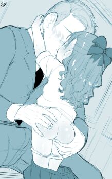 1boy 1girl age_difference anus arms_around_another&#039;s_neck ass ass_grab blush born-to-die dimples_of_venus feet_out_of_frame formal_clothes from_behind gluteal_fold hair_ribbon hetero highres kiss loli medium_hair monochrome original panties panty_pull pleated_skirt pussy ribbon sketch skirt standing suit sweat uncensored underwear unworn_skirt