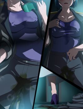1girl blue_hair blush breasts censored highres large_breasts makino_tomoyasu mosaic_censoring oonari_ina shinkalion:_change_the_world shinkalion_(series) short_hair
