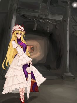 Rule 34 | 1girl, 83mkneinlsqmebq, absurdres, blonde hair, bow, cave, closed mouth, clothing request, commentary, dress, hair bow, hat, hat ribbon, high heels, highres, holding, holding umbrella, long hair, long sleeves, looking to the side, mob cap, purple eyes, purple tabard, red bow, red ribbon, ribbon, smile, solo, standing, tabard, torii, touhou, umbrella, very long hair, white dress, white hat, white umbrella, wide sleeves, yakumo yukari
