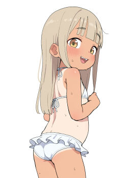 1girl ass bikini blonde_hair blush bra cowboy_shot excited from_behind highres kuma-san loli long_hair looking_at_viewer looking_back micro_bikini open_mouth original raised_eyebrows simple_background smile solo standing swimsuit tan tanline teeth thighs tongue underwear white_bikini yellow_eyes