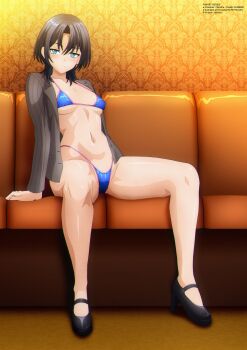 1girl arm_support bikini black_hair black_shoes blue_bikini blue_eyes blush breasts collarbone couch grey_jacket high_heels highleg highleg_bikini hiodoshi_ao hololive hololive_dev_is jacket long_sleeves looking_at_viewer medium_breasts navel on_couch open_clothes open_jacket shoes short_hair sitting smile spread_legs swimsuit underboob virtual_youtuber zel-sama