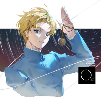 Rule 34 | 1boy, blonde hair, blue eyes, blue jacket, border, chi.: chikyuu no undou ni tsuite, closed mouth, commentary request, cropped torso, jacket, jewelry, korean commentary, looking at viewer, male focus, necklace, rafal (chi.), rke, short hair, simple background, solo, twitter username, upper body, white background, white border
