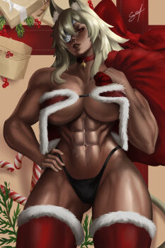 1girl abs absurdres adapted_costume animal_ears bandeau bare_shoulders bell bikini black_panties box branch breasts cat_ears cat_girl cat_tail choker christmas cleavage collarbone commentary cowboy_shot dark-skinned_female dark_skin eyepatch fur-trimmed_bandeau fur-trimmed_thighhighs fur_trim ghislaine_dedoldia gluteal_fold grey_hair hand_on_own_hip hand_up highleg highleg_panties highres holding holding_sack indoors large_breasts lips long_hair looking_at_viewer muscular muscular_female mushoku_tensei navel neck_bell panties parted_lips red_bandeau red_choker red_eyes red_thighhighs sack sadlife santa_bikini santa_costume scar scar_on_stomach signature striped_clothes striped_panties swimsuit tail thick_thighs thighhighs thighs underwear