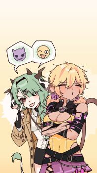 2girls animal_ears bell black_skirt blonde_hair breasts brown_coat cleavage closed_eyes coat colored_sclera cow_ears cow_girl cow_horns cow_tail cowbell crelly cyborg dark-skinned_female dark_skin demon_emoji emoji fingerless_gloves gloves green_hair grey_eyes grey_sclera hair_ornament hairband heterochromia highres horns indie_virtual_youtuber koko_d._nuts leotard long_hair mechanical_arms mole mole_on_breast mole_under_mouth monkey_ears monkey_girl monkey_tail multiple_girls owo_uou pink_hair pink_skirt pout red_eyes shirt single_mechanical_arm skirt tail tongue tongue_out twintails virtual_youtuber white_shirt yellow_background yellow_leotard