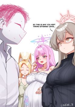 Rule 34 | 1boy, 3girls, animal ears, big belly, black sweater, blonde hair, blue archive, blue halo, breasts, brown eyes, brown hair, closed eyes, closed mouth, doodle sensei (blue archive), dress, english text, fox ears, green dress, halo, highres, large breasts, linear 71, long hair, looking at another, mika (blue archive), multiple girls, nagisa (blue archive), open mouth, pink hair, pink halo, pregnancy halo, pregnant, red halo, seia (blue archive), sensei (blue archive), shaded face, sleeveless, sleeveless dress, smile, sweater, white background, white dress, yellow halo