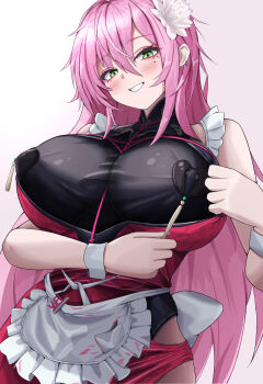 Rule 34 | 1girl, absurdres, apron, bare shoulders, blush, breasts, commentary, cosmetics, covered erect nipples, dress, earrings, flower, frilled apron, frills, goddess of victory: nikke, green eyes, grin, hair between eyes, hair flower, hair ornament, heart, heart earrings, heart pasties, highres, huge breasts, jewelry, lipstick tube, long hair, looking at viewer, mole, mole under eye, pasties, pink hair, pink lips, pink rope, red dress, rope, shibari, shibari over clothes, smile, solo, velvet (nikke), white apron, white wrist cuffs, wrist cuffs, zion rss